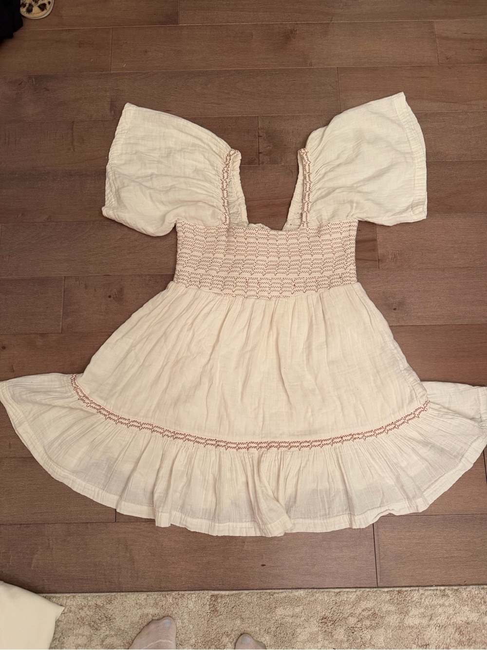 Free People Cream Smocked Puff-Sleeve Dress